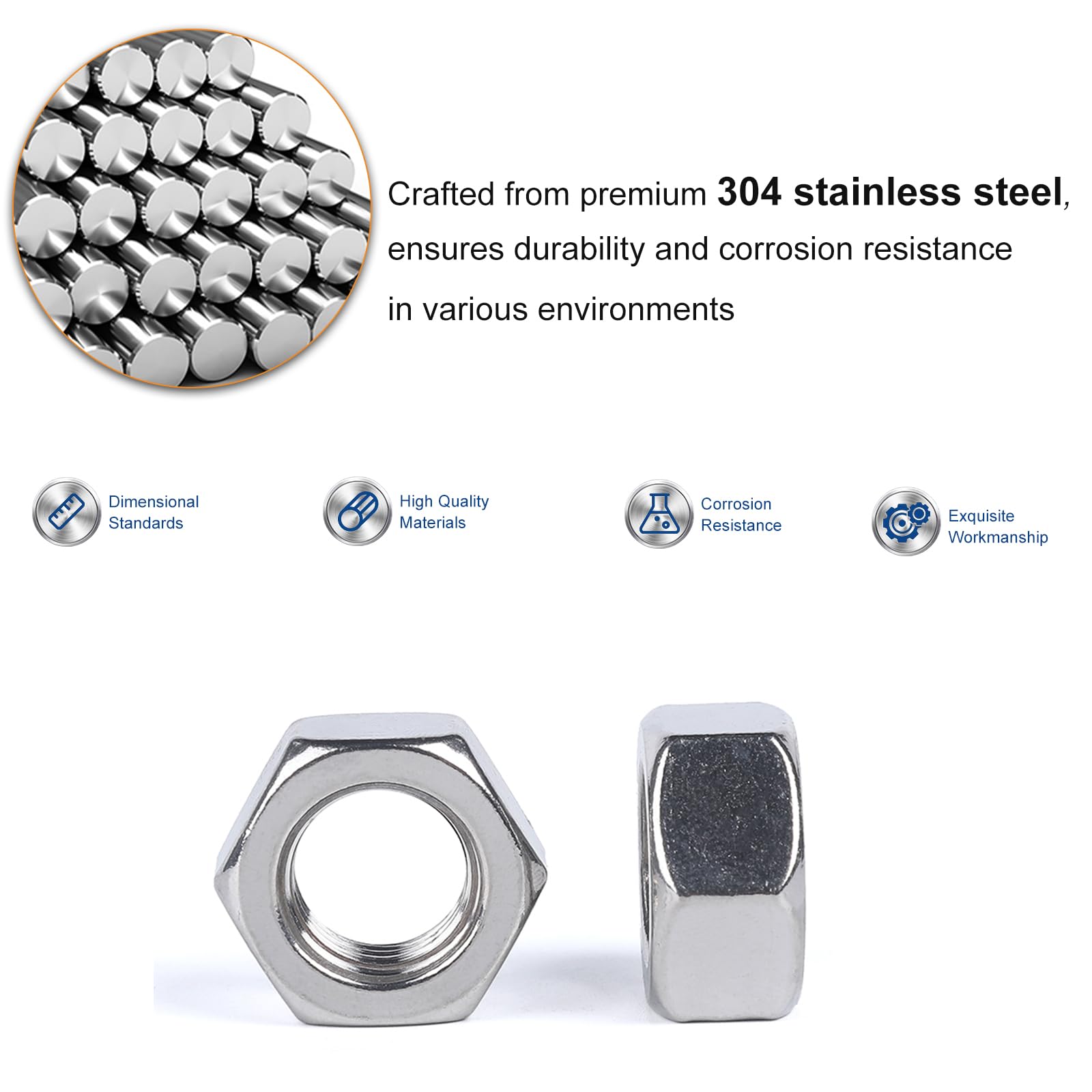 Juvielich 30pcs 1/4-20 Hex Nut, 304 Stainless Steel, Hex